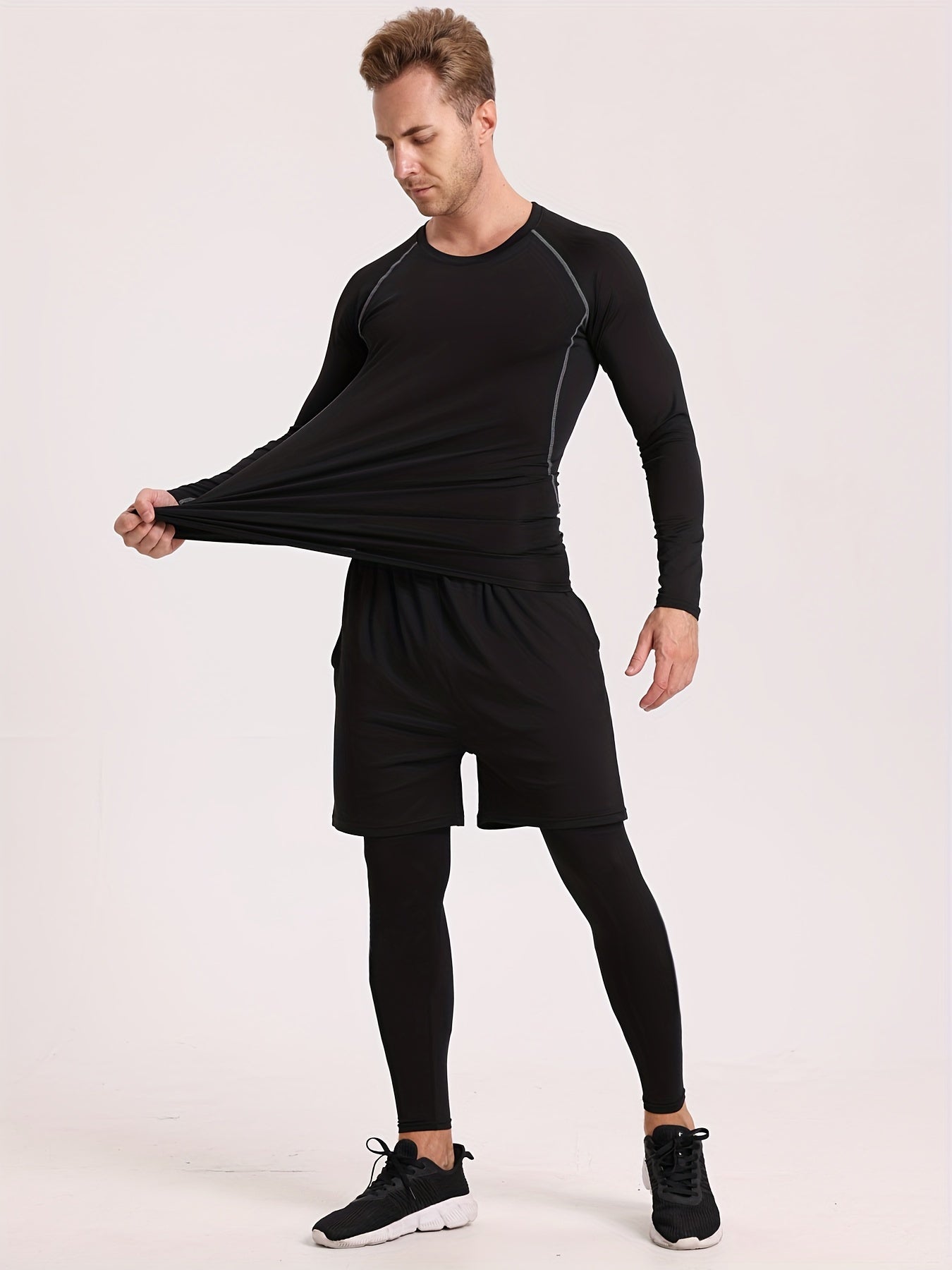 Men's Thermal Underwear Set, Skiing Winter Warm Base Layers, Tight Long Sleeve Round Neck Top & Bottom Pants Set