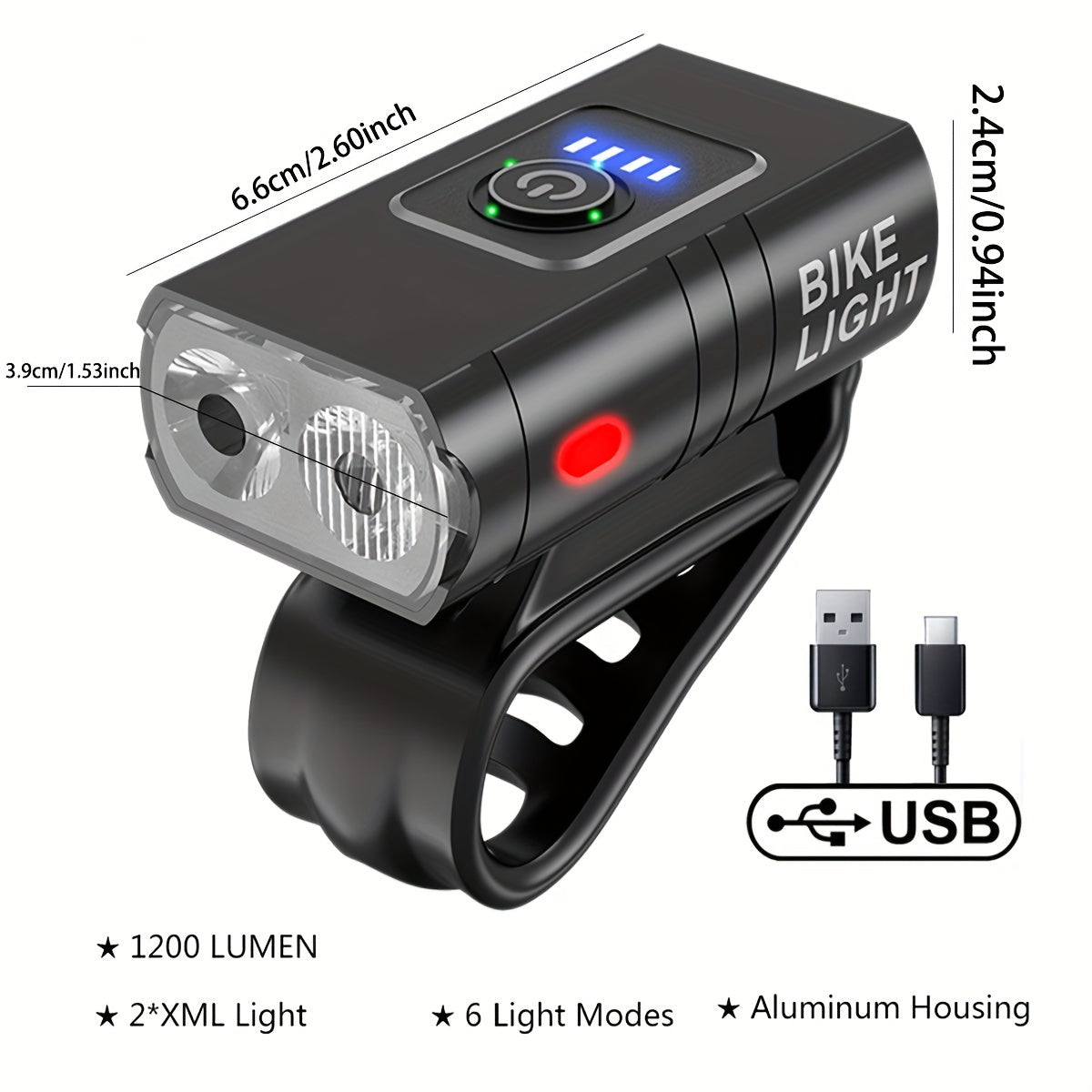 LED Bike Light Set - 6 Flash Modes, USB Rechargeable, Durable Aluminium Housing, Rear Safety Light, Water-Resistant, Long-Lasting Battery Life for Cycling, Biking, Motorcycling and Commuting