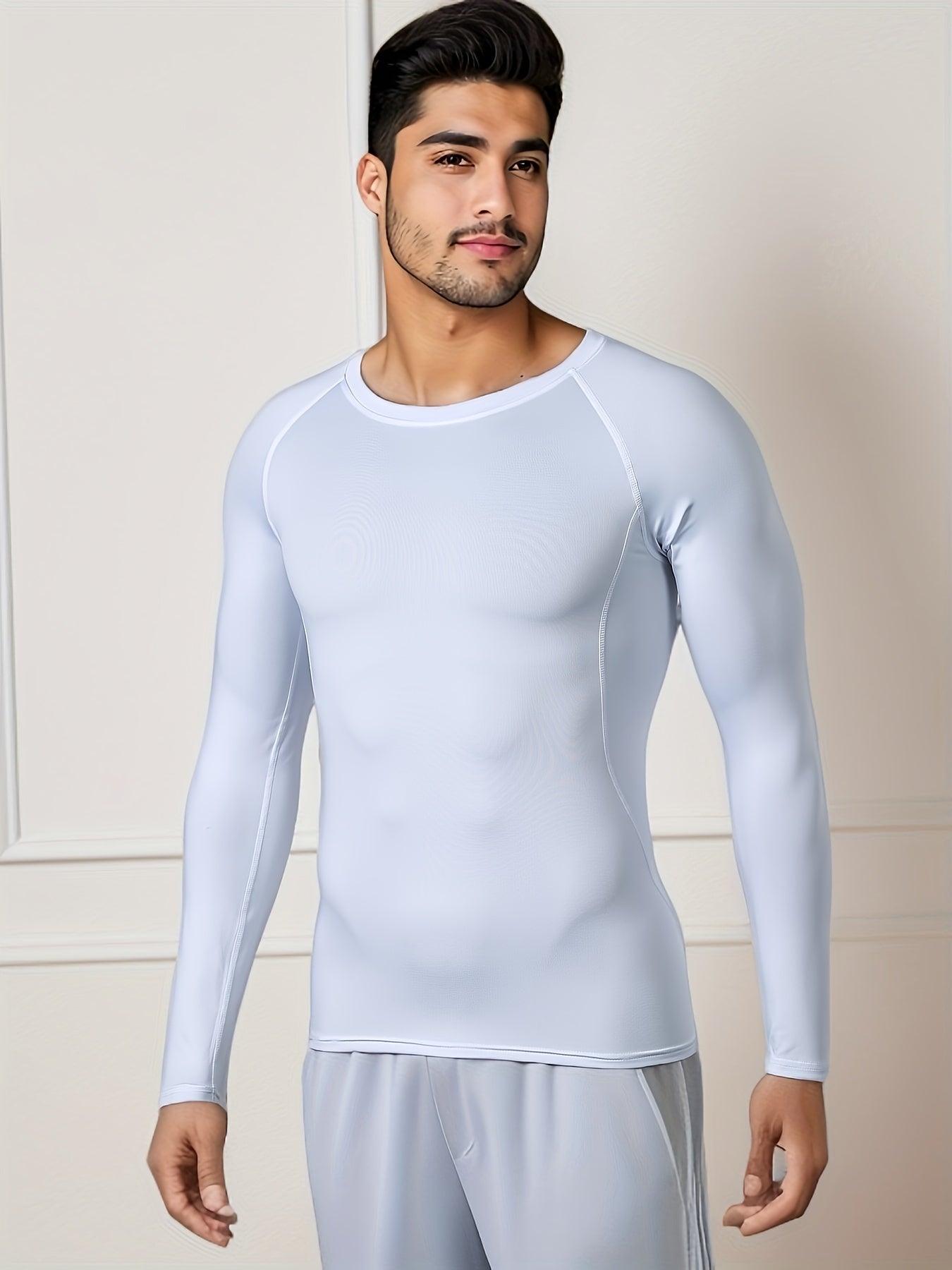 Men's Thermal Underwear Set, Skiing Winter Warm Base Layers, Tight Long Sleeve Round Neck Top & Bottom Pants Set