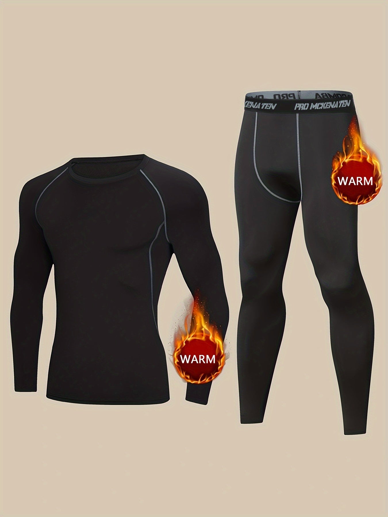 Men's Thermal Underwear Set, Skiing Winter Warm Base Layers, Tight Long Sleeve Round Neck Top & Bottom Pants Set