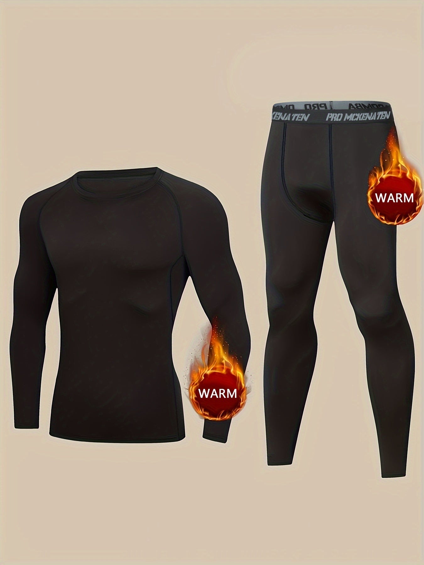 Men's Thermal Underwear Set, Skiing Winter Warm Base Layers, Tight Long Sleeve Round Neck Top & Bottom Pants Set