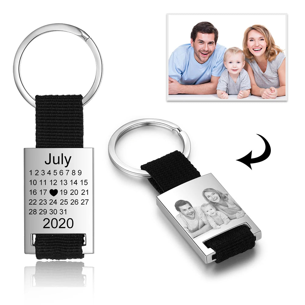 JewelOra Personalized Photo Calendar Keychains for Men Custom Stainless Steel Engrave Date Keyring Gift for Boyfriend/ Father