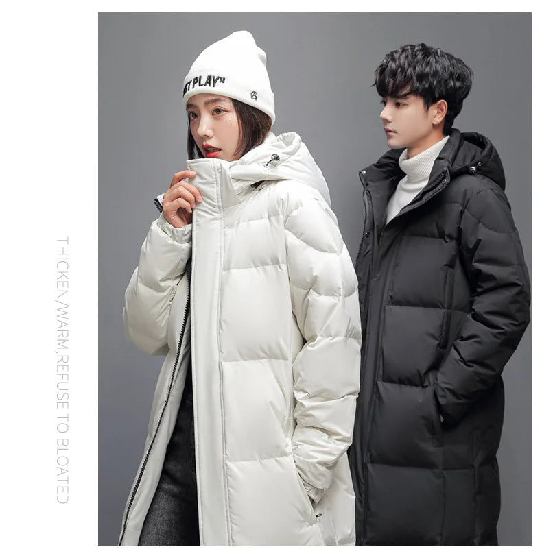 Men's Winter Long Down Jacket Brand Trendy Solid Color Hooded White Duck Down Parka Women Outdoor Ski Clothes Lightweight Coat