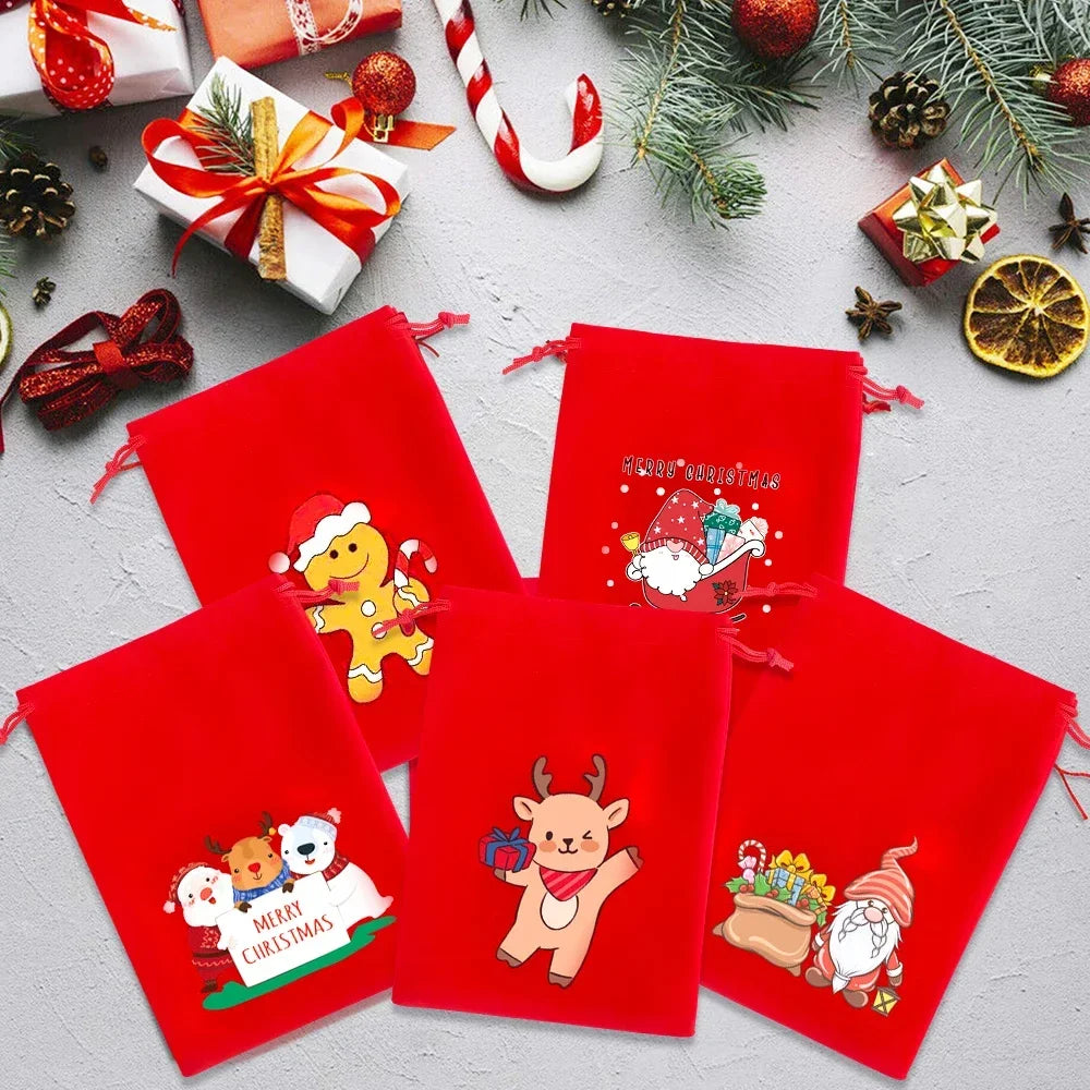 10/1pcs Merry Christmas Velvet Bags Candy Snack Drawstring Pouch Wrapping Bag Xmas Gifts Bracelet Jewelry Packaging Storage Bags - YourGiftIdeasUK