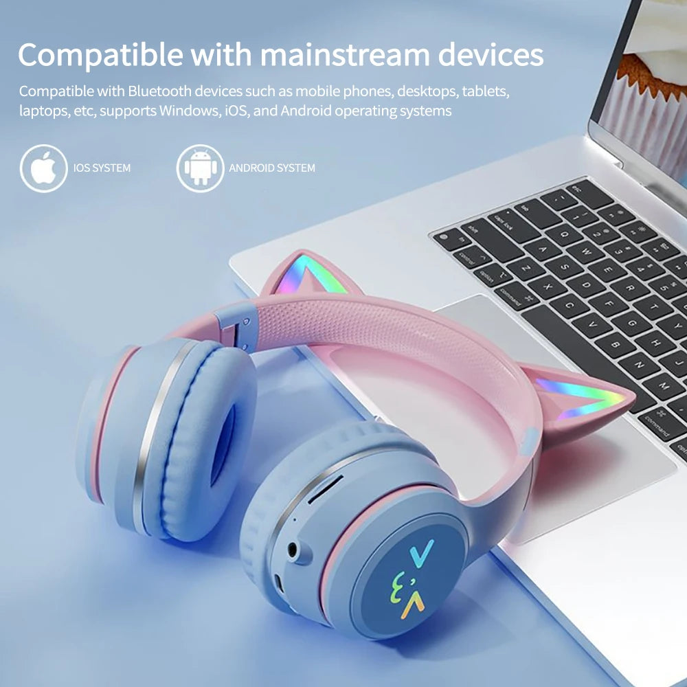 RGB Cat Ear Wireless Headphones Glow with Microphone Stereo Music Sport Headset Gaming Headphones For Kids Girls Gifts - YourGiftIdeasUK