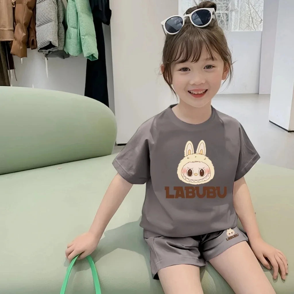 Children's Cartoon Short-Sleeved Suit Summer New T-Shirt Shorts Two-Piece Set in Small Children Loose Fashion Sports Suit