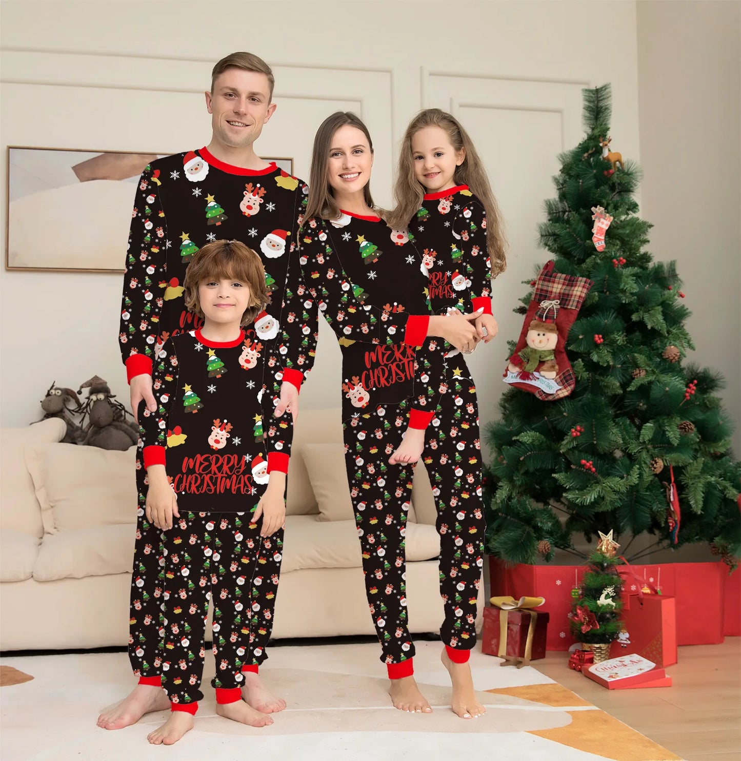 Xmas Matching Family Pajamas Set 2024 Christmas Deer Santa Print Pjs Adult Child Clothing Outfit set Baby Jumpsuit+Dog Clothes