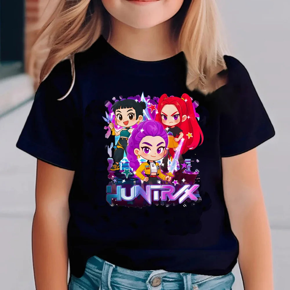 KPop Demon Hunters T-shirts for Children Anime Cartoon Short Sleeved Shirt Boys Girls Summer Fashion Top Kids Clothes Gifts