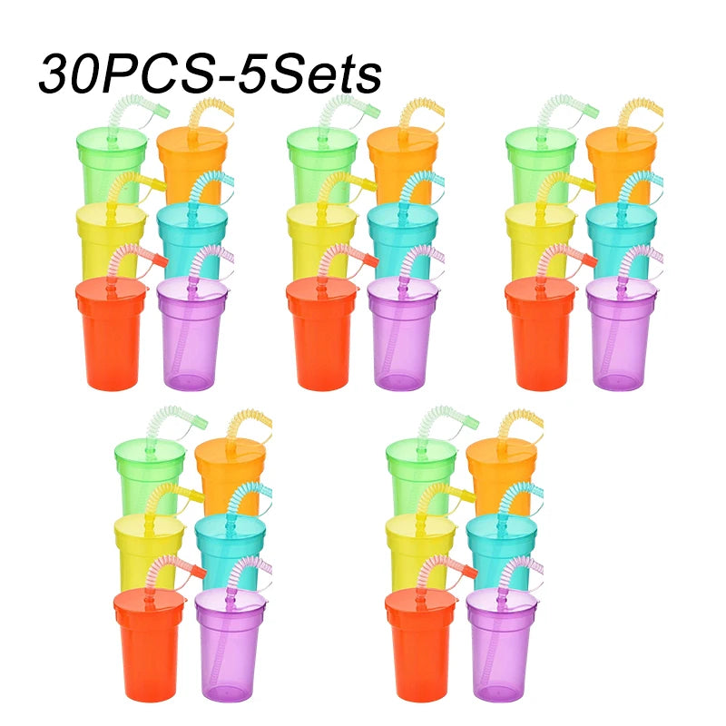 1-30PCS Neon Sipper Cups - Colorful Spill-Proof Cups with Lids and Straws - Ideal for School Events, Themed Parties and Birthda