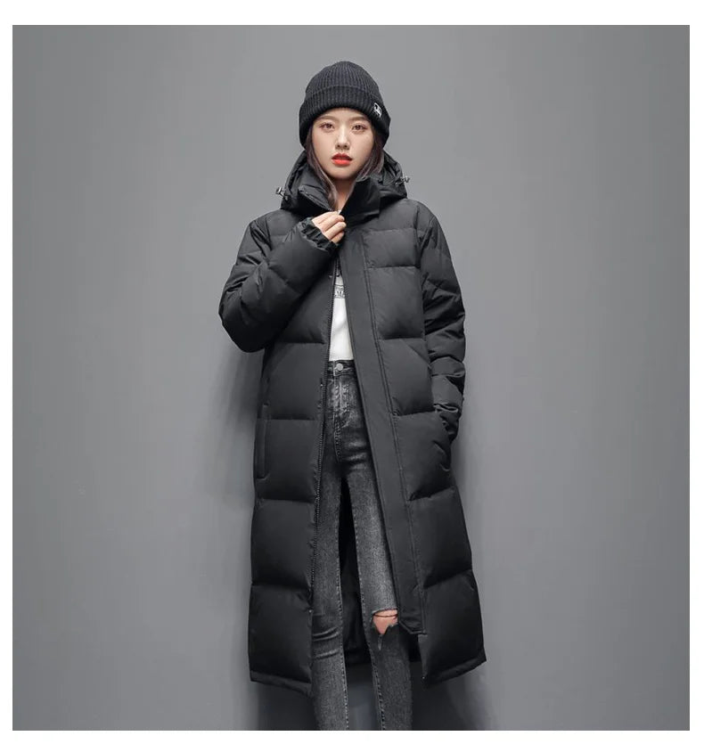 Men's Winter Long Down Jacket Brand Trendy Solid Color Hooded White Duck Down Parka Women Outdoor Ski Clothes Lightweight Coat