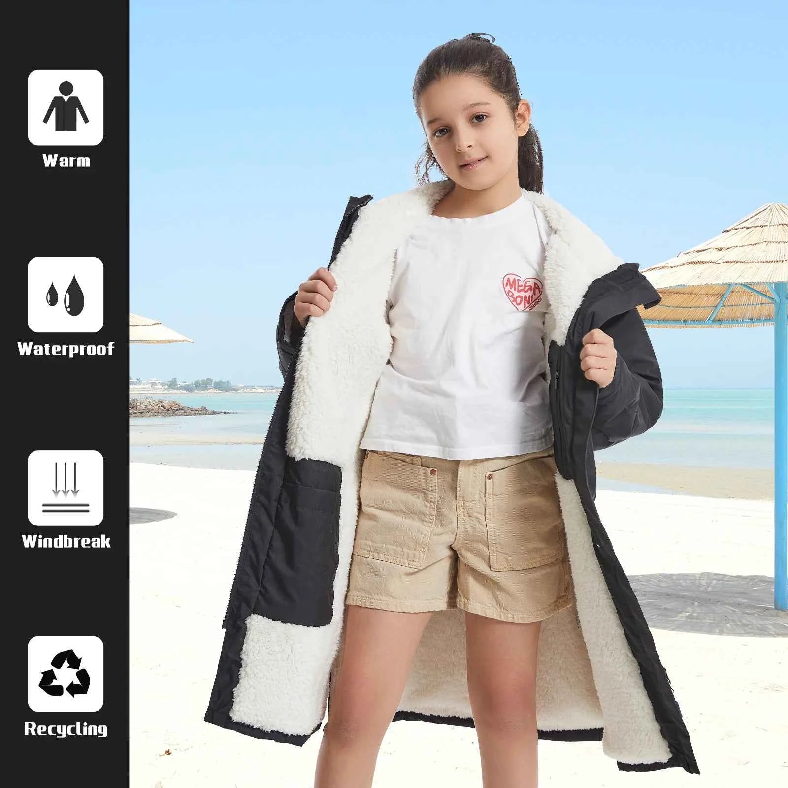 Waterproof Kids Changing Robe, Fluffy Wearable Blanket, Warm Soft Towel Hoodie , Swim Surf Poncho for 5-12 Years