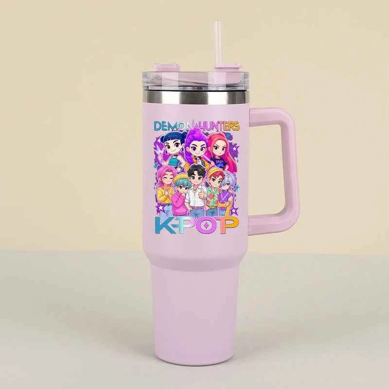 New K Pop Demon Hunters Water Bottles Kawaii Cartoon Water Bottle Girls Large Capacity with Handles Water Cup Birthday Gifts