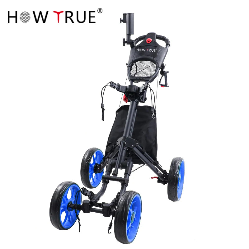 Folding Aluminum Alloy Golf Trolley 4 Wheels Golf Bag Pull Push Cart Umbrella Cup Holder Adjustable Trolley with Footbrake - YourGiftIdeasUK
