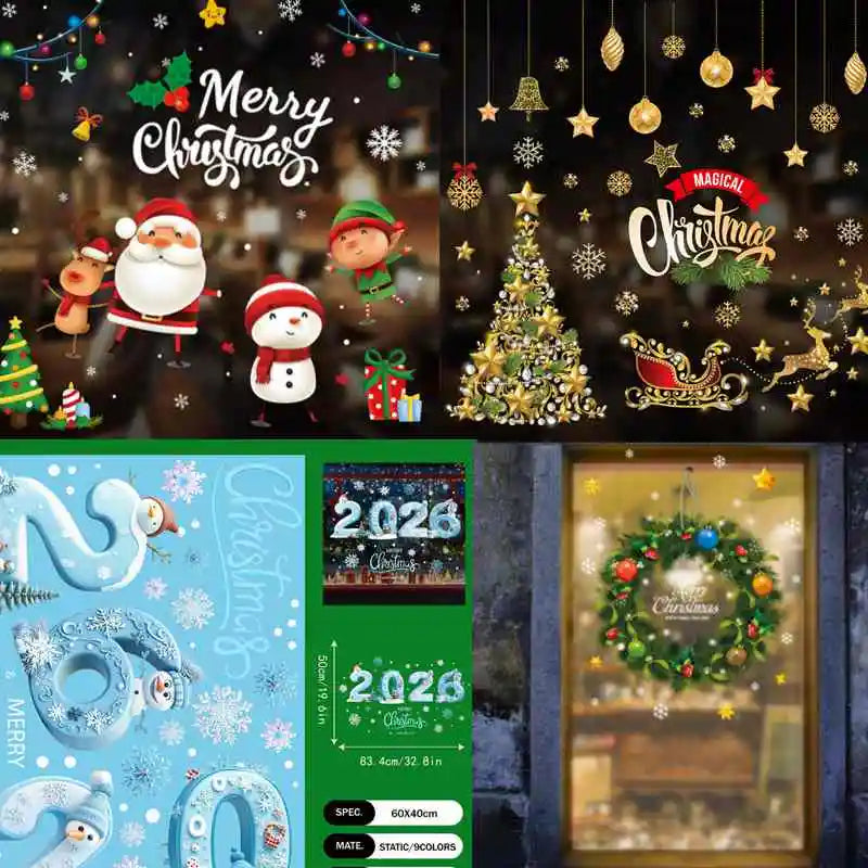 Merry Christmas Stickers Christmas Decoration 2025 Cartoon Snowman Santa Xmas Tree Claus Window Glass Door Wall Stickers Gifts - YourGiftIdeasUK