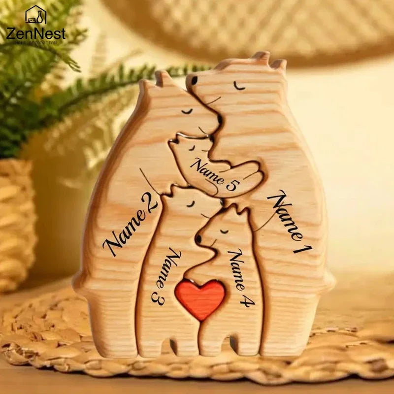Art Wooden Bear Family Puzzle Personalized Name Custom Home Decor Christmas Heartwarming Gift for Parents