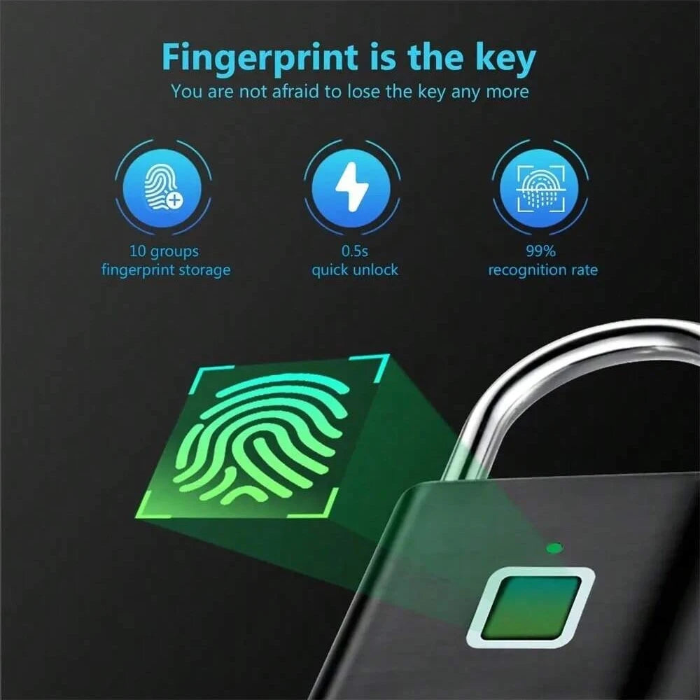 Keyless USB Charging Fingerprint Lock Smart Padlock Waterproof Door Lock 0.2sec Unlock Portable Anti-theft Padlock
