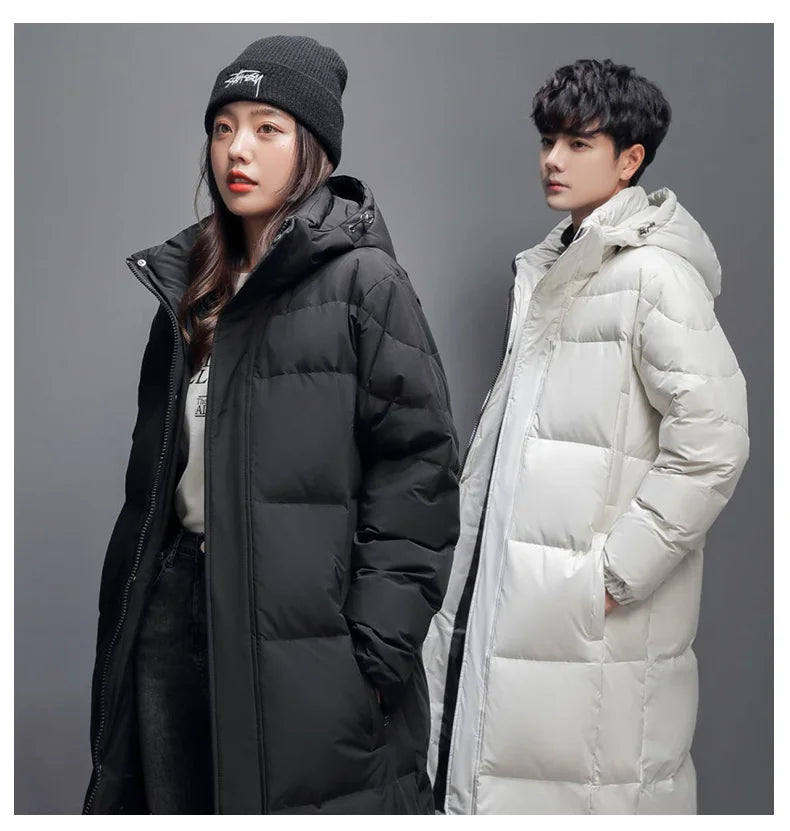 Men's Winter Long Down Jacket Brand Trendy Solid Color Hooded White Duck Down Parka Women Outdoor Ski Clothes Lightweight Coat