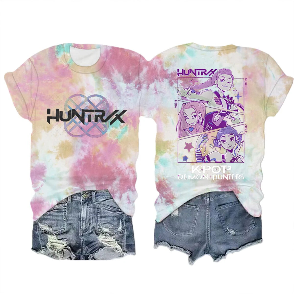 Anime K-Pop Demon Hunters T-shirt Tops Tie-dye Men's Women's Clothing Round Neck Short Sleeve T-shirt Street Style T-shirts