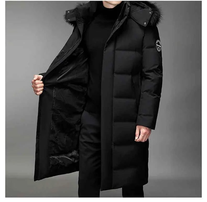 Luxury Long Down Jacket Men's Winter Korean Style Detachable Fur Collar Cap White Duck Down Warm Coat Brand Lightweight Parka