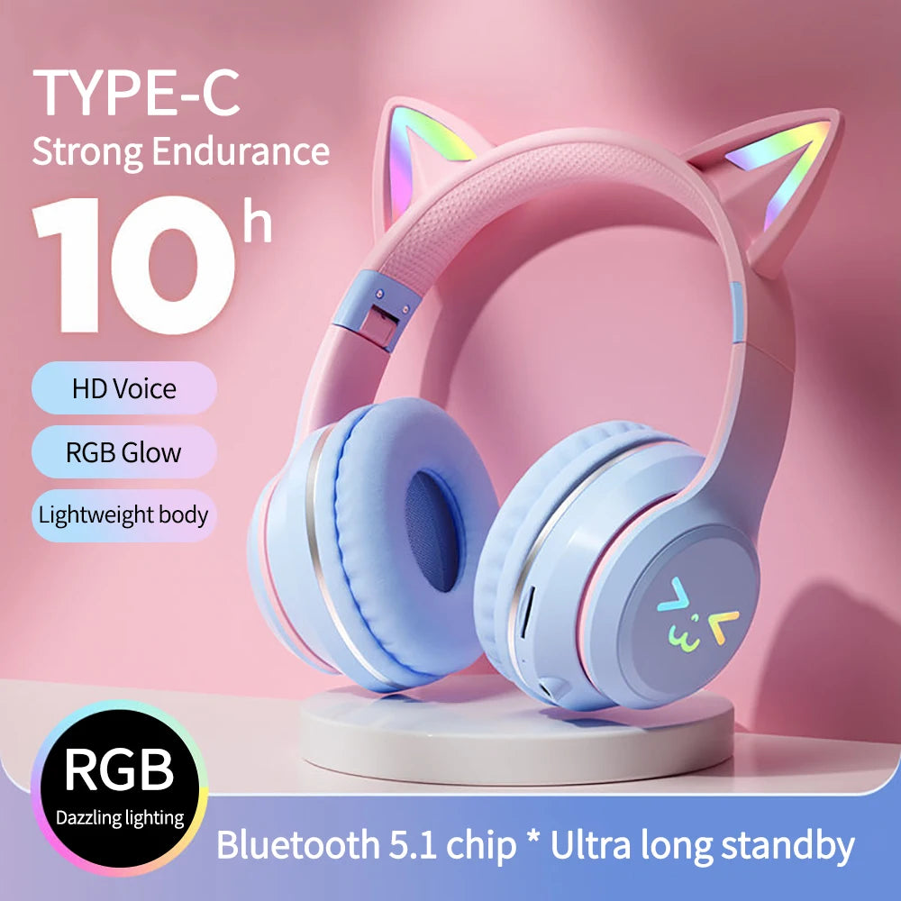 RGB Cat Ear Wireless Headphones Glow with Microphone Stereo Music Sport Headset Gaming Headphones For Kids Girls Gifts - YourGiftIdeasUK