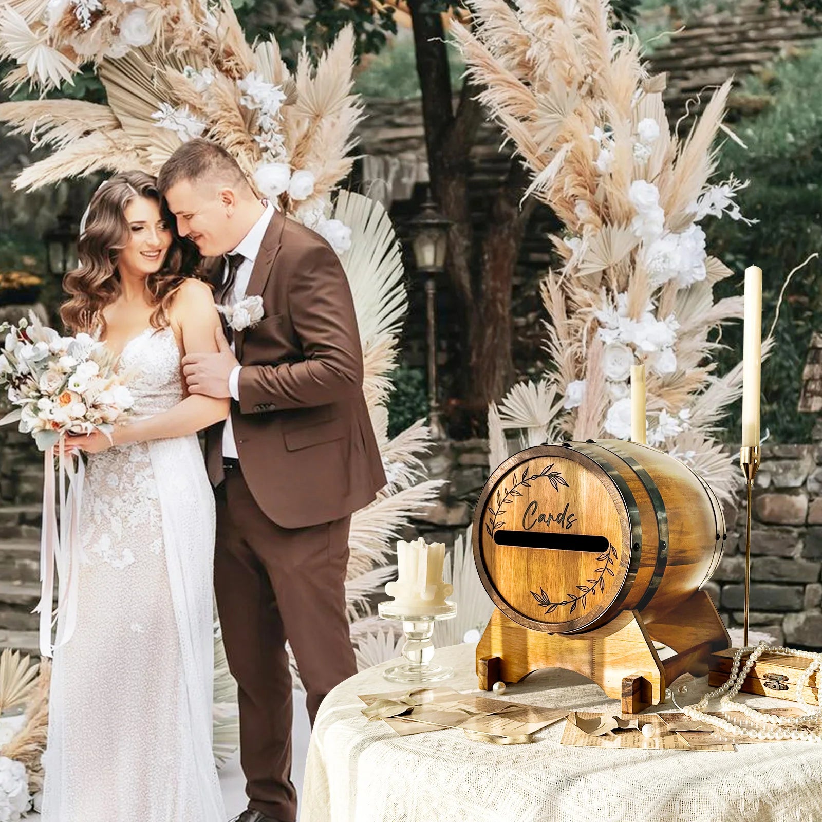 OurWarm Wooden wedding card box with base, brown whiskey barrel gift card box, suitable for graduation ceremony, baby shower