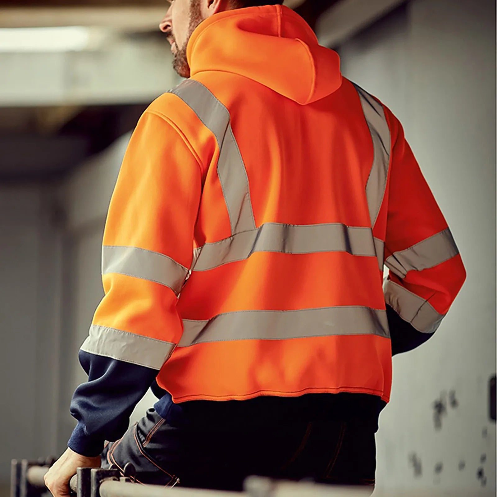 Men Reflective Stripe Hoodie Sweatshirt Long Sleeve Fitting Zipper Hooded Pullover Sanitation Workers Work Clothes Sweatshirt
