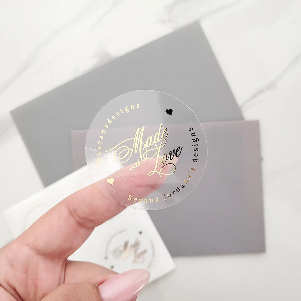 Custom 50pcs Round Gold Foil Clear Label Stickers Wedding Party Envelope Gift Bag Candles Box Pack Cookie Thank You Stickers