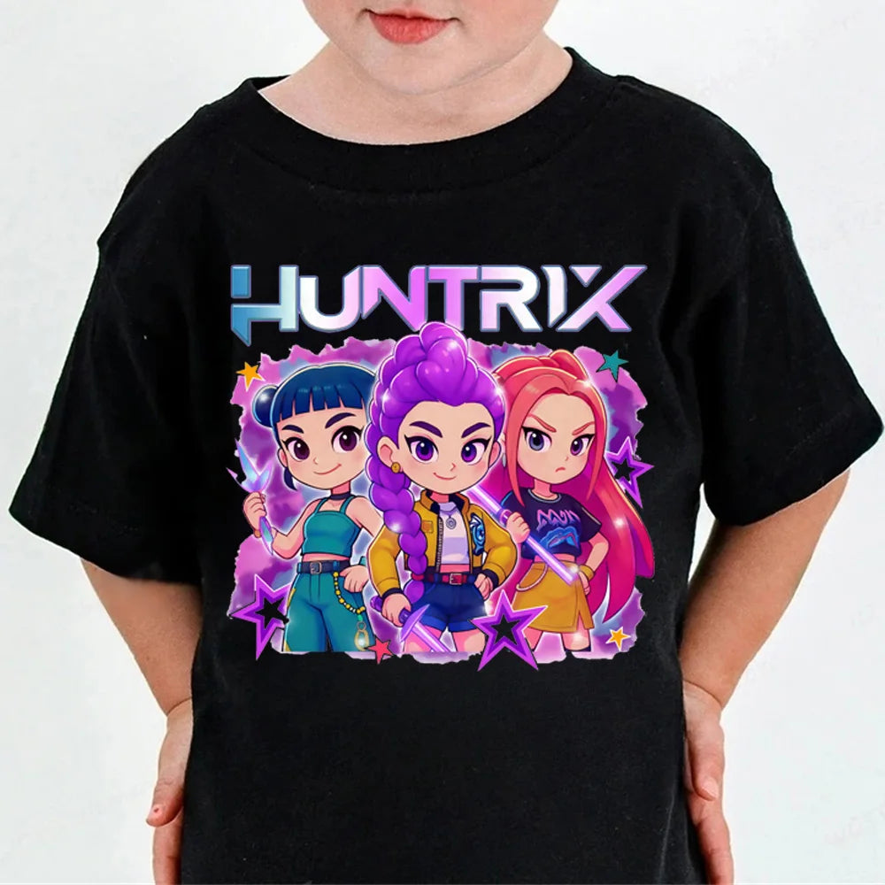 Huntrix Kpop Demon Hunters T-Shirt for Boys Girls Cotton Fans Gift Summer Crew Neck Short Sleeve Tees Fashion Kids T-shirt