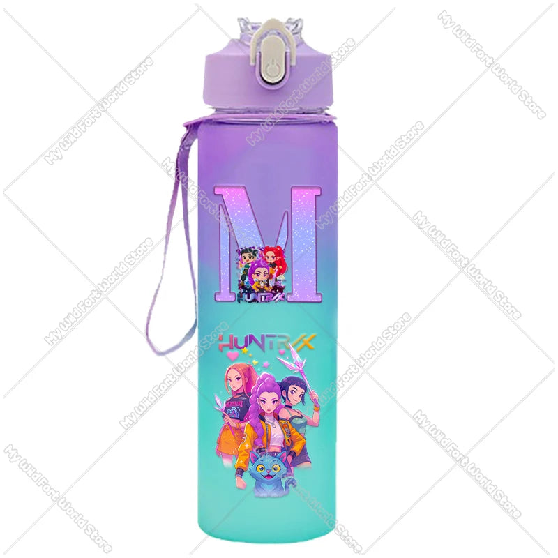 KPop Demon Hunters Gradient Water Bottles 750ml Letter A-Z Girl Straw Drinking Cups Portable High-capacity Outdoor Drink Bottle - YourGiftIdeasUK