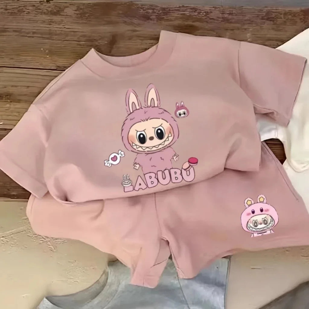 Children's Cartoon Short-Sleeved Suit Summer New T-Shirt Shorts Two-Piece Set in Small Children Loose Fashion Sports Suit