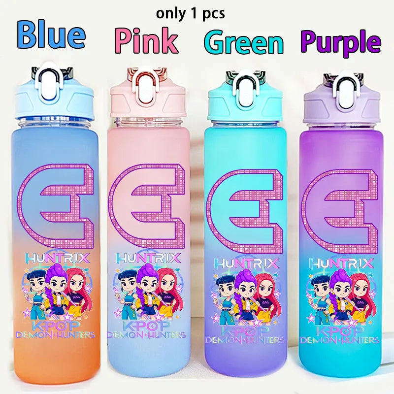 750ML Straw Plastic Water Bottle K-Pop Demon Hunters Letter Children's Anime Gradient Water Bottle Birthday Gift Rumi Mira Zoey - YourGiftIdeasUK