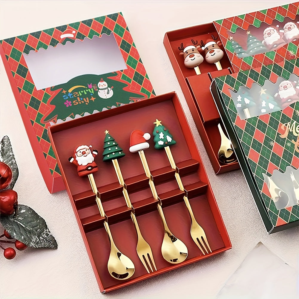 2/4/6Pcs Christmas Fork And Spoon Set,Stainless Steel Creative Tableware,Coffee Tea Dessert Forks And Spoons Gift Set