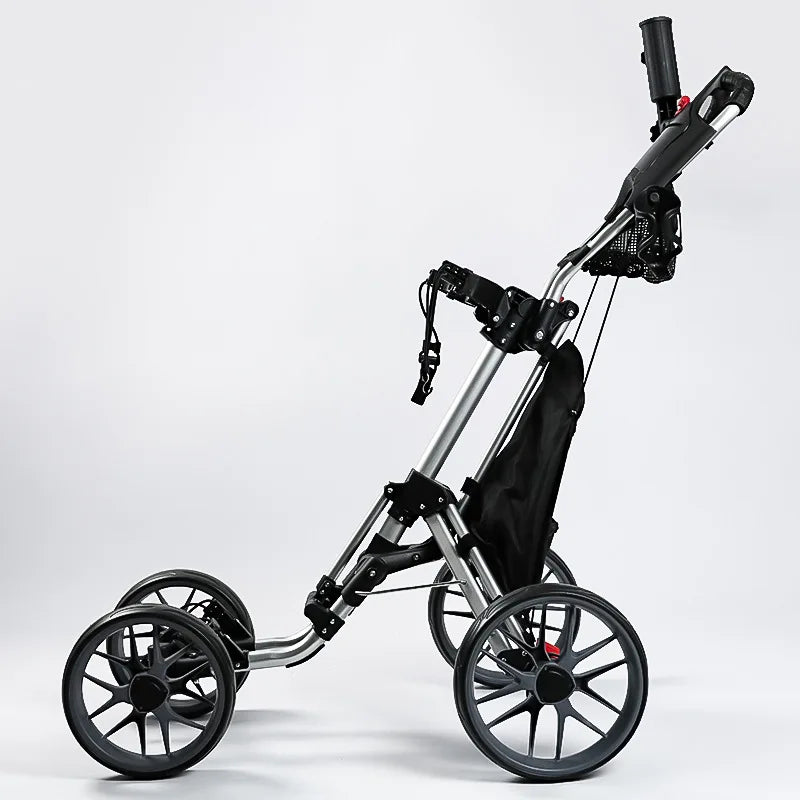 Folding Aluminum Alloy Golf Trolley 4 Wheels Golf Bag Pull Push Cart Umbrella Cup Holder Adjustable Trolley with Footbrake - YourGiftIdeasUK