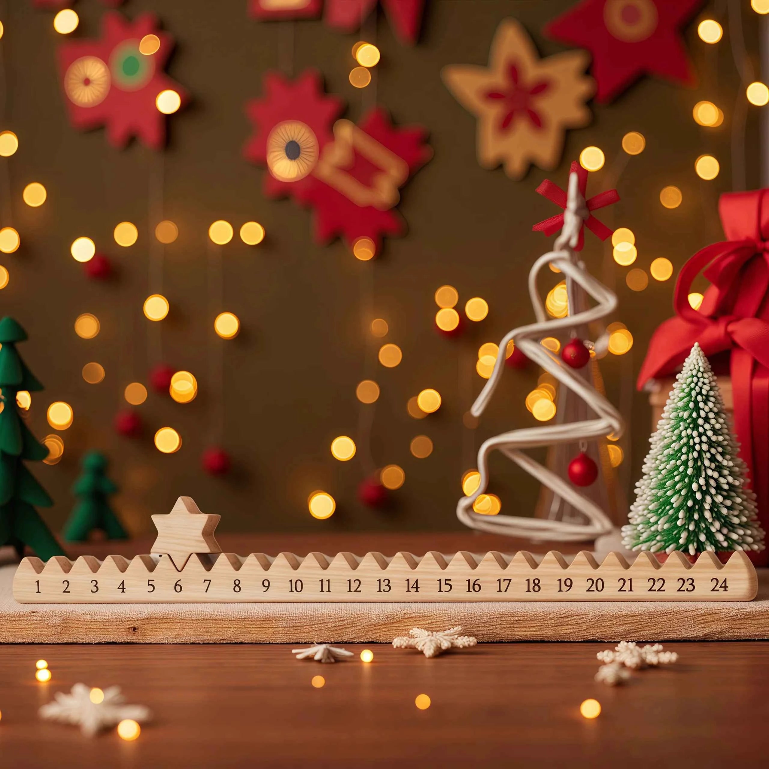 Wooden Christmas Countdown Calendar with Stars- Artificial Wood Advent Calendar for Home & Family,Christmas Gift,Christmas Decor
