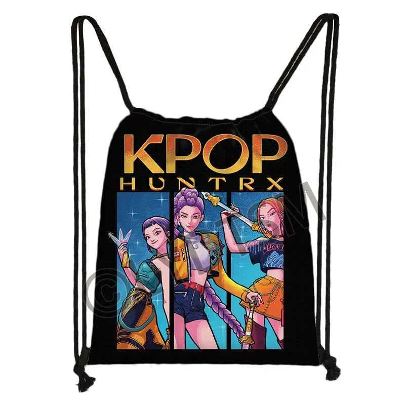 KPop Demon Hunters Print Drawstring Bag Saja Boys Daypack Mira Rumi Zoey Storage Bags for Travel Teenager Women Backpacks