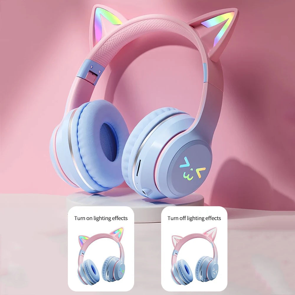 RGB Cat Ear Wireless Headphones Glow with Microphone Stereo Music Sport Headset Gaming Headphones For Kids Girls Gifts - YourGiftIdeasUK