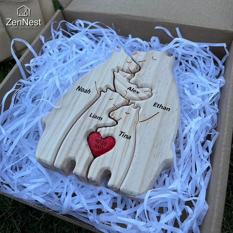 Art Wooden Bear Family Puzzle Personalized Name Custom Home Decor Christmas Heartwarming Gift for Parents
