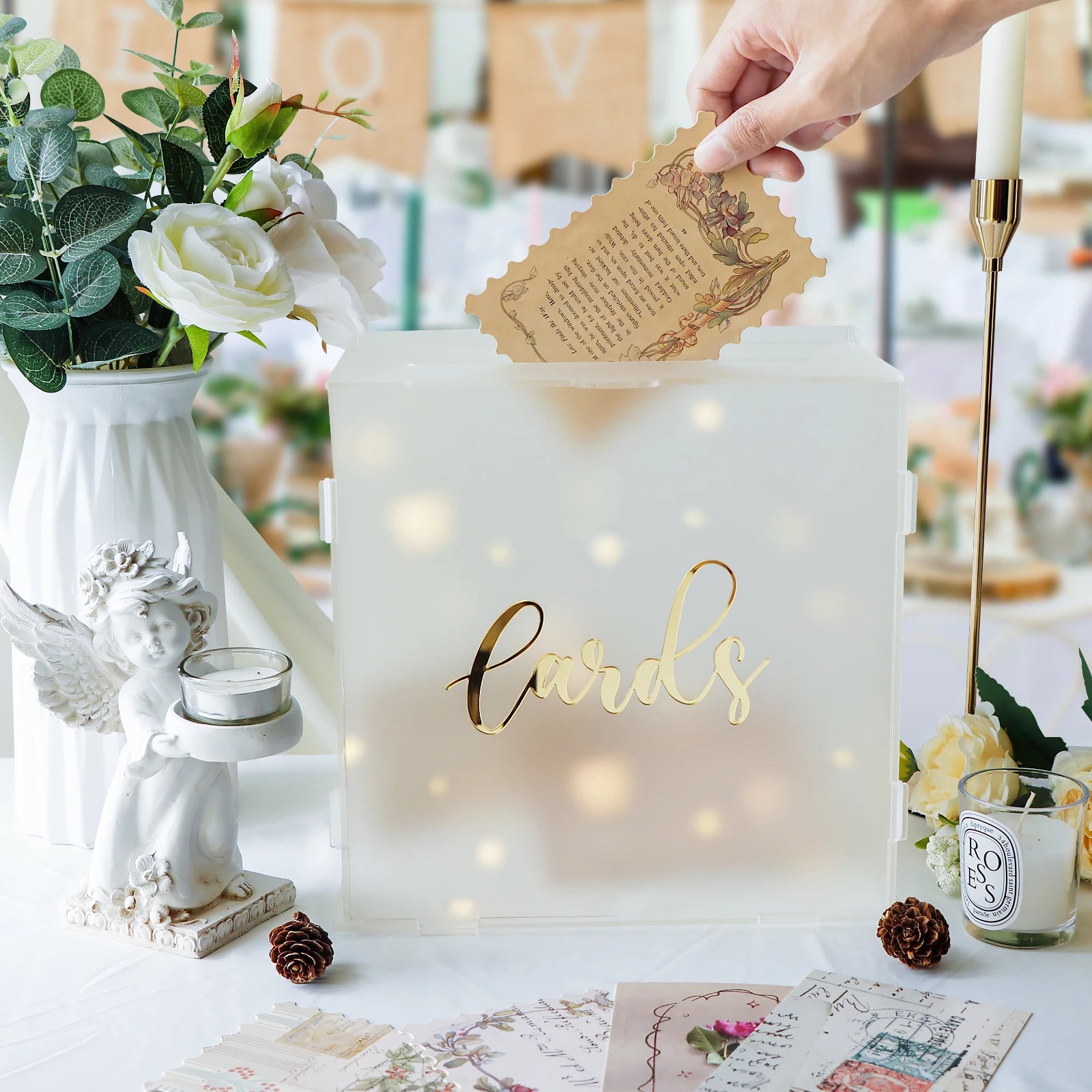 PartyWorld Acrylic Wedding Card Box Frosted Gift Box with String Light Urn Box for Wedding Reception