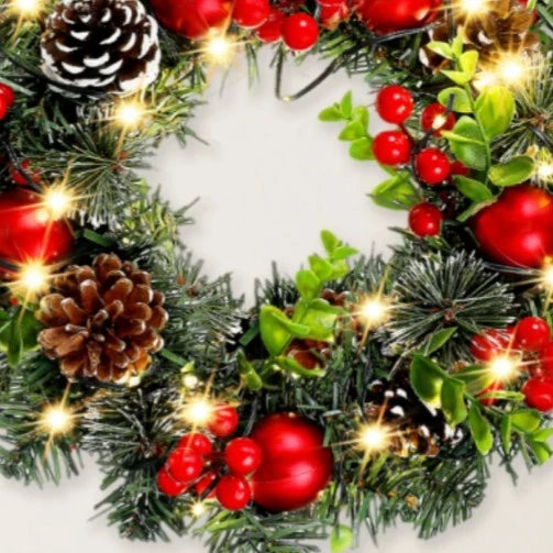 Elegant Red Christmas Wreath LED PVC Red Fruit Christmas Wreath Window Door Wall Ornament Decorations Home Halloween Decor Gifts - YourGiftIdeasUK