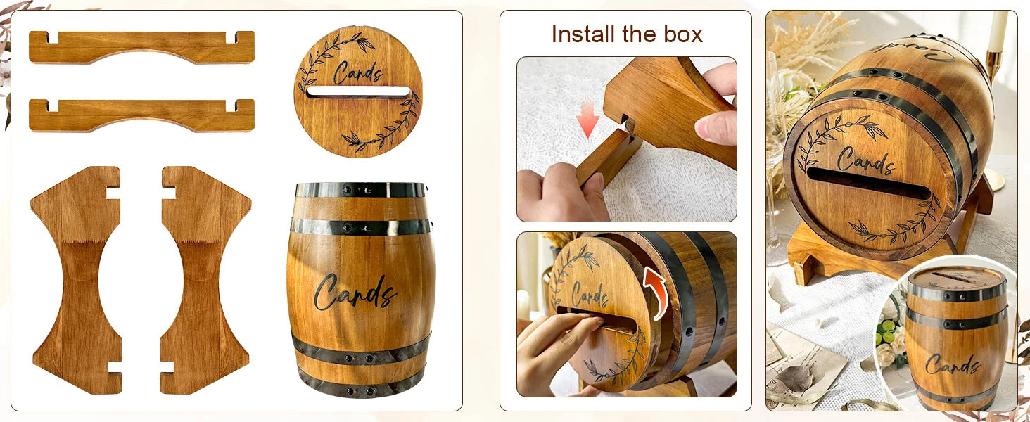OurWarm Wooden wedding card box with base, brown whiskey barrel gift card box, suitable for graduation ceremony, baby shower