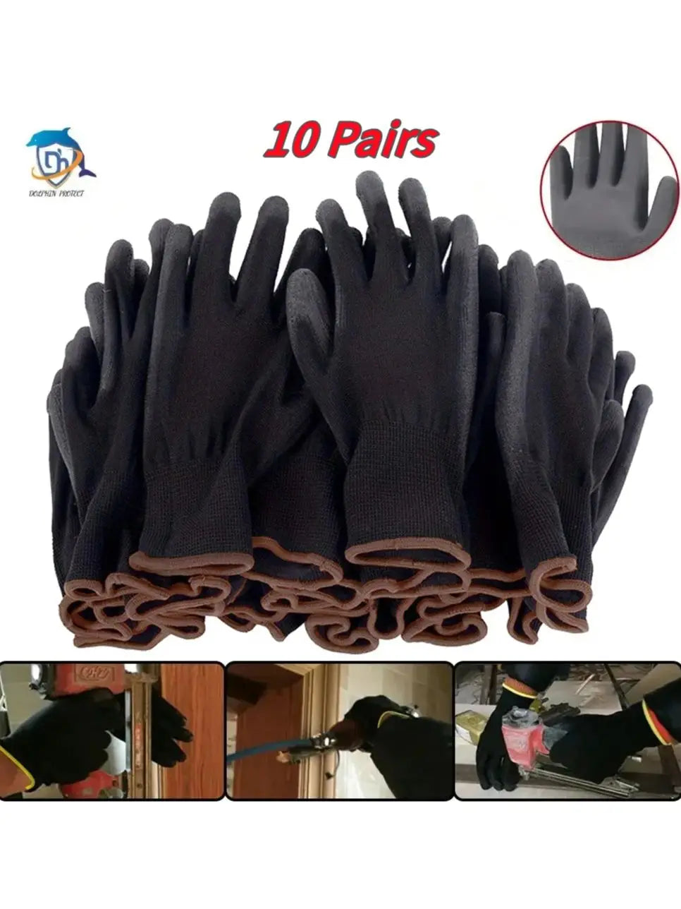 10 Pairs Black Durable Safety Gloves - Anti-Slip, Wear-Resistant, ESD Protection for Gardening & Woodworking