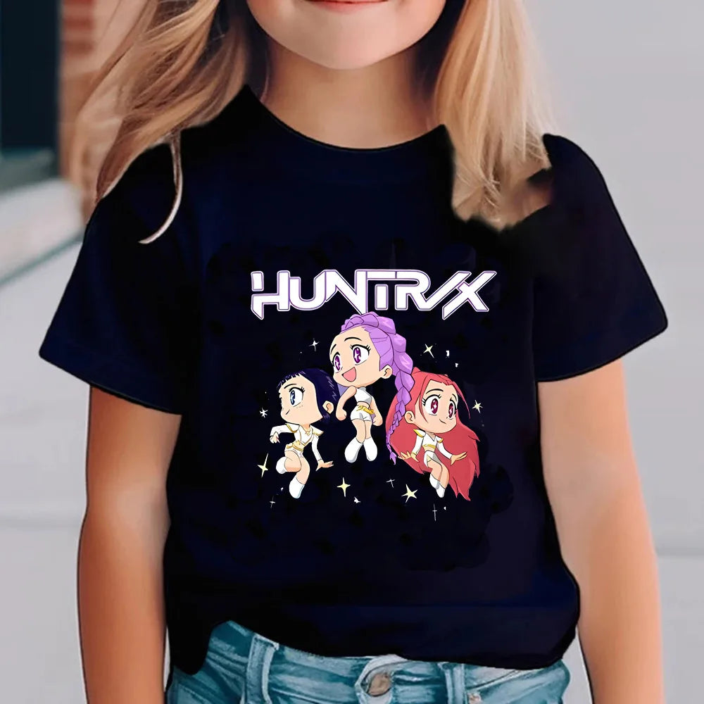 KPop Demon Hunters T-shirts for Children Anime Cartoon Short Sleeved Shirt Boys Girls Summer Fashion Top Kids Clothes Gifts