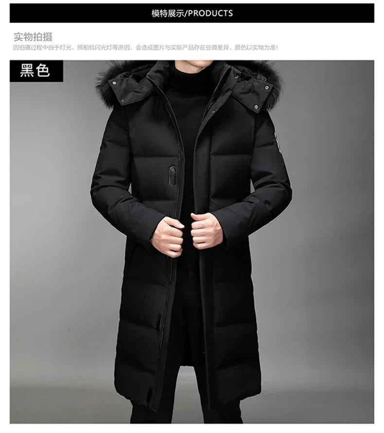 Luxury Long Down Jacket Men's Winter Korean Style Detachable Fur Collar Cap White Duck Down Warm Coat Brand Lightweight Parka