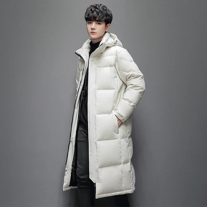 Men's Winter Long Down Jacket Brand Trendy Solid Color Hooded White Duck Down Parka Women Outdoor Ski Clothes Lightweight Coat