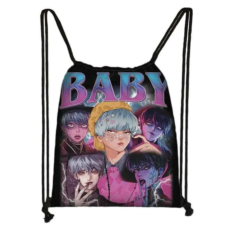 KPop Demon Hunters Print Drawstring Bag Saja Boys Daypack Mira Rumi Zoey Storage Bags for Travel Teenager Women Backpacks
