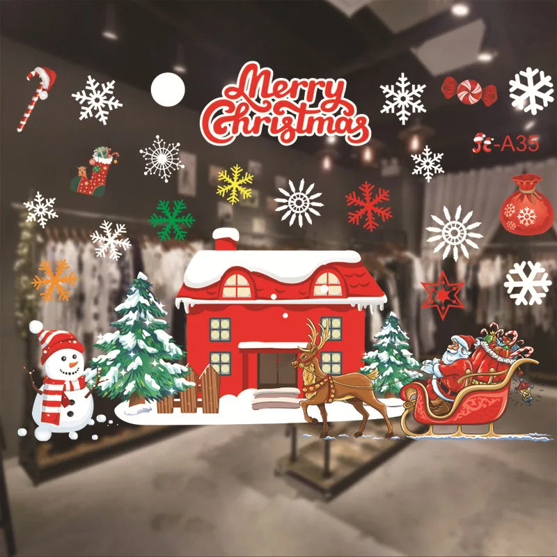 Merry Christmas Stickers Christmas Decoration 2025 Cartoon Snowman Santa Xmas Tree Claus Window Glass Door Wall Stickers Gifts - YourGiftIdeasUK