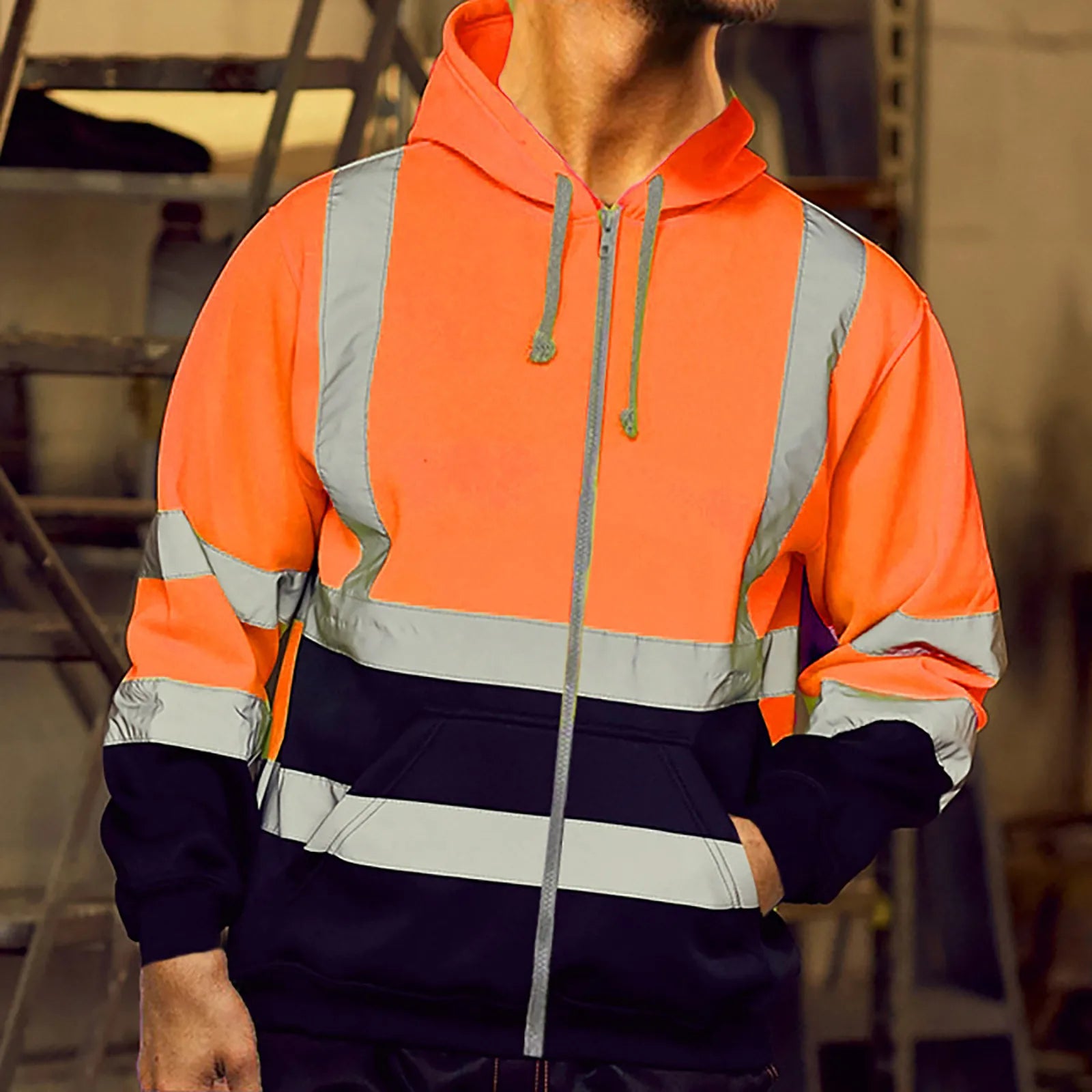 Men Reflective Stripe Hoodie Sweatshirt Long Sleeve Fitting Zipper Hooded Pullover Sanitation Workers Work Clothes Sweatshirt
