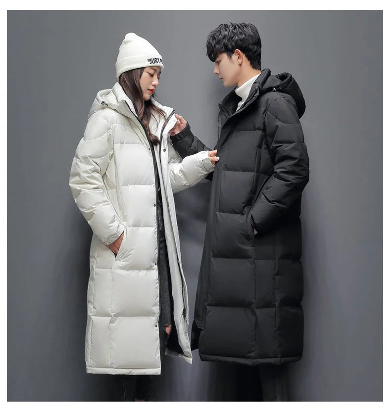 Men's Winter Long Down Jacket Brand Trendy Solid Color Hooded White Duck Down Parka Women Outdoor Ski Clothes Lightweight Coat