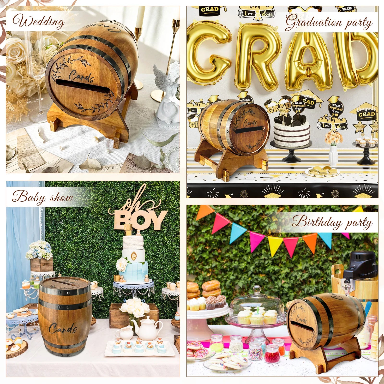 OurWarm Wooden wedding card box with base, brown whiskey barrel gift card box, suitable for graduation ceremony, baby shower
