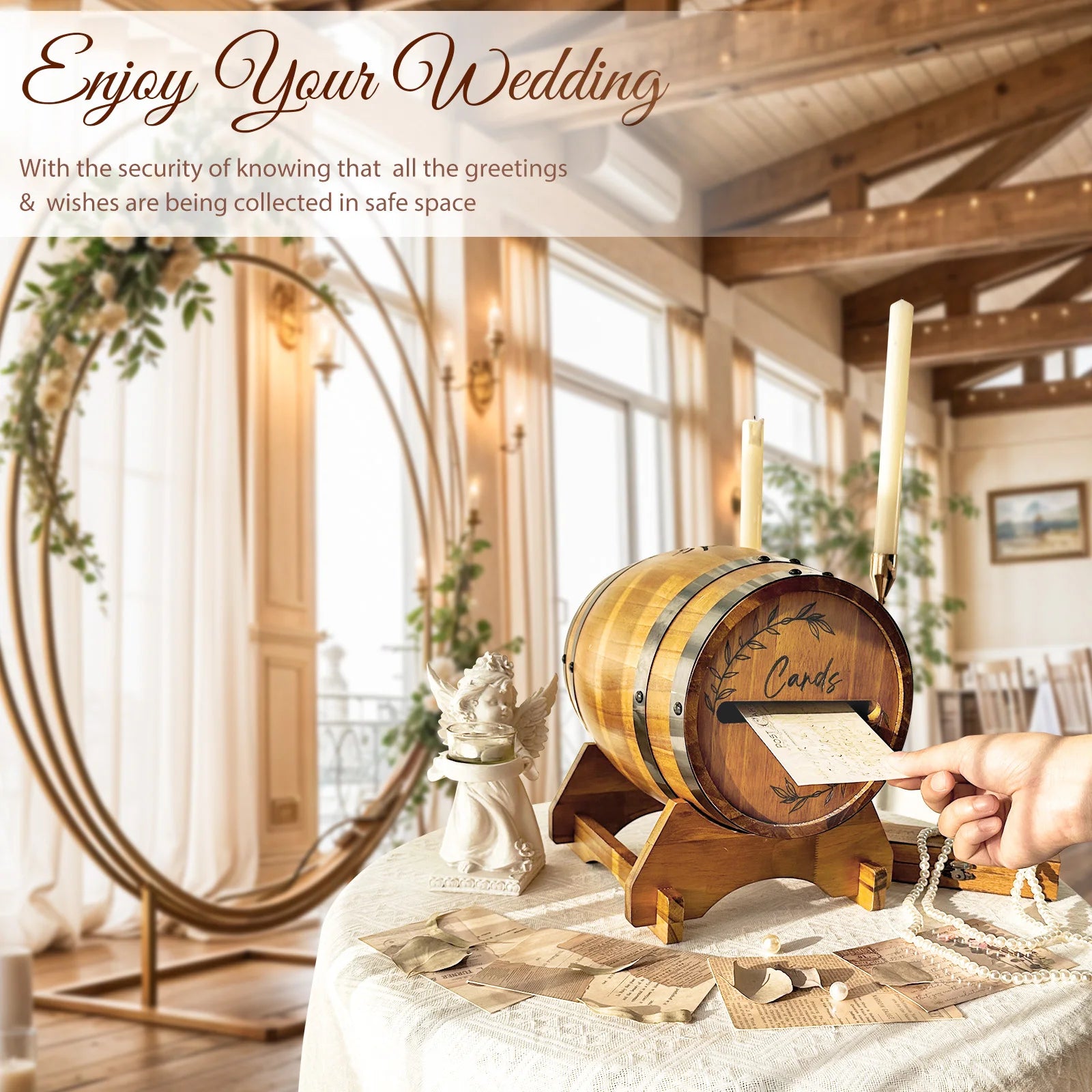 OurWarm Wooden wedding card box with base, brown whiskey barrel gift card box, suitable for graduation ceremony, baby shower